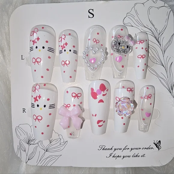 Cute White and Pink HK Nail Set - Picture 1 of 2